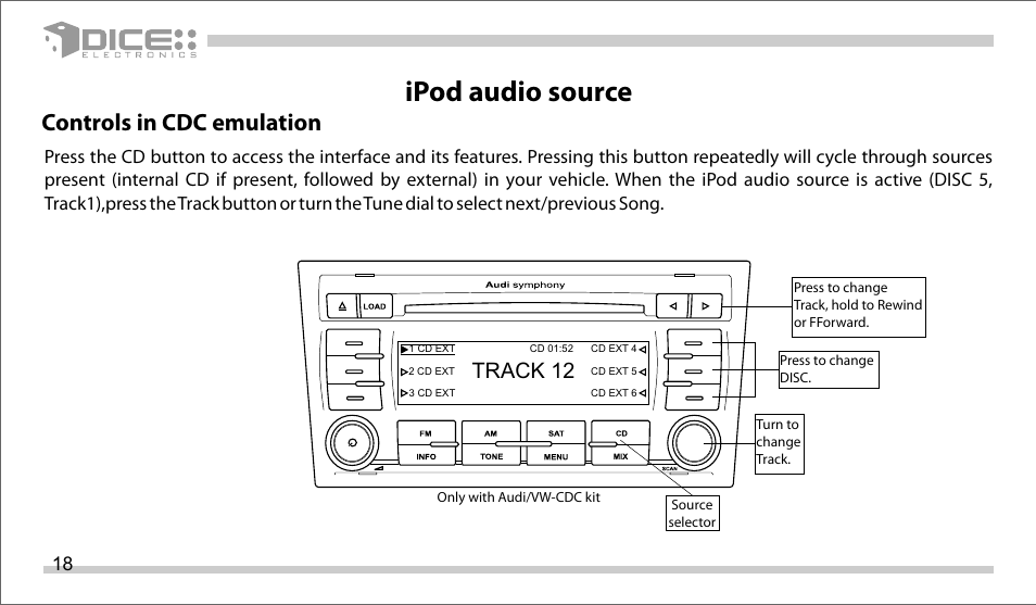 Ipod audio source, Controls in cdc emulation, Track 12 | DICE Electronics DICE interface for iPod Volkswagen User Manual | Page 18 / 36