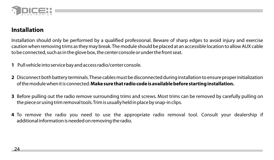 Installation | DICE Electronics DICE interface for iPod Volkswagen User Manual | Page 24 / 36