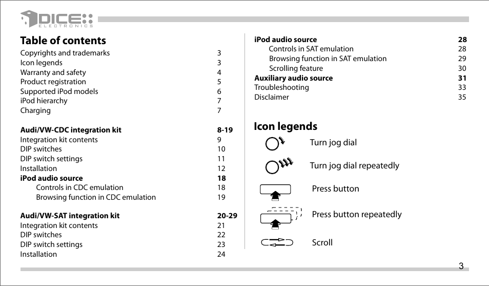 DICE Electronics DICE interface for iPod Volkswagen User Manual | Page 3 / 36
