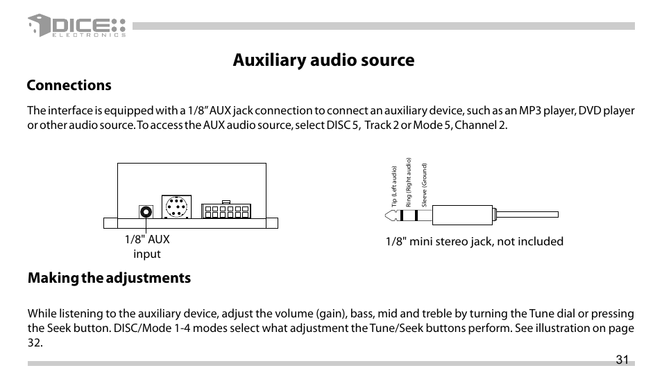Auxiliary audio source, Connections, Making the adjustments | DICE Electronics DICE interface for iPod Volkswagen User Manual | Page 31 / 36