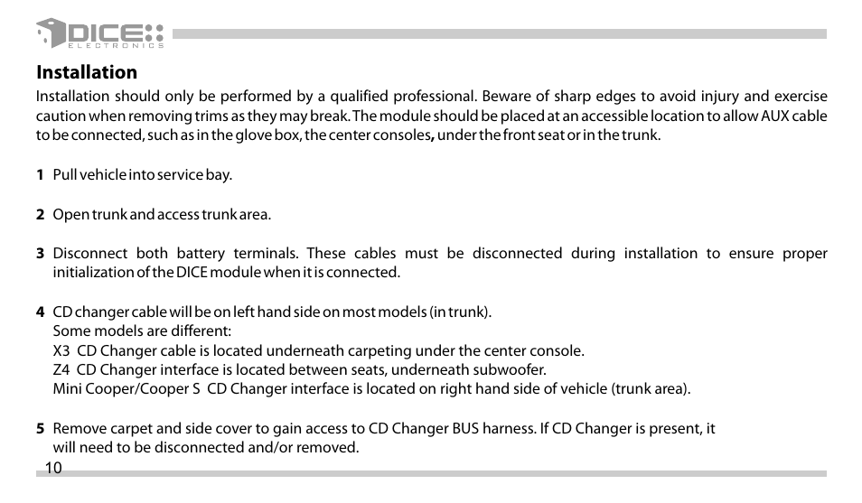 Installation | DICE Electronics DICE interface for iPod Mini Cooper User Manual | Page 10 / 24