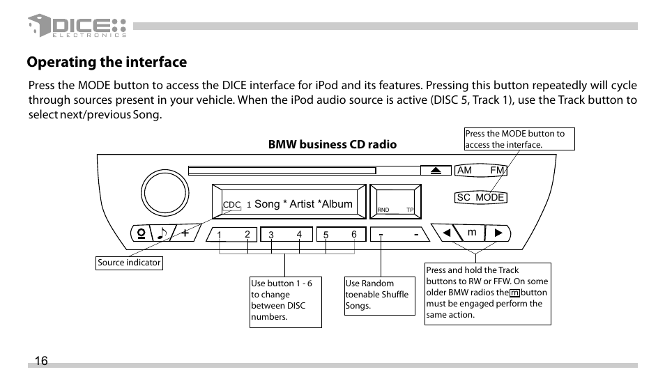 Operating the interface | DICE Electronics DICE interface for iPod Mini Cooper User Manual | Page 16 / 24