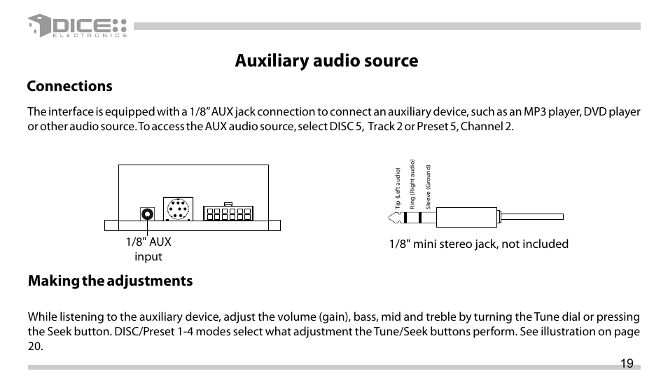 Auxiliary audio source, Connections, Making the adjustments | DICE Electronics DICE interface for iPod Mini Cooper User Manual | Page 19 / 24