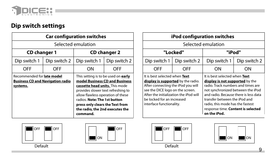Dip switch settings | DICE Electronics DICE interface for iPod Mini Cooper User Manual | Page 9 / 24