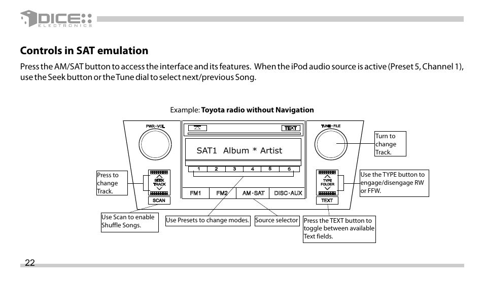 Controls in sat emulation | DICE Electronics DICE interface for iPod Scion User Manual | Page 22 / 32