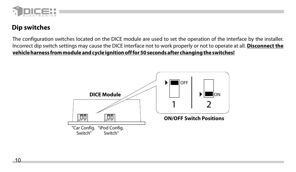 Dip switches | DICE Electronics DICE interface for iPod Mazda User Manual | Page 10 / 36