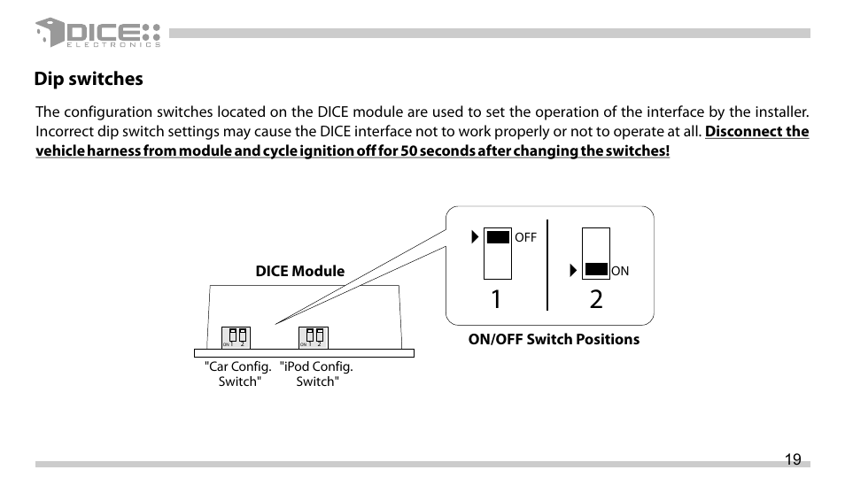 Dip switches | DICE Electronics DICE interface for iPod Mazda User Manual | Page 19 / 36