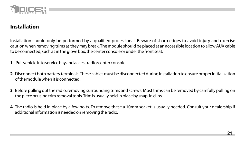 Installation | DICE Electronics DICE interface for iPod Mazda User Manual | Page 21 / 36