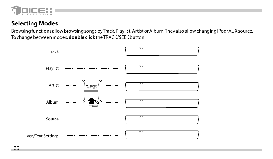 Selecting modes, Track, Playlist | Artist, Album, Source, Fw 1.xx | DICE Electronics DICE interface for iPod Mazda User Manual | Page 26 / 36
