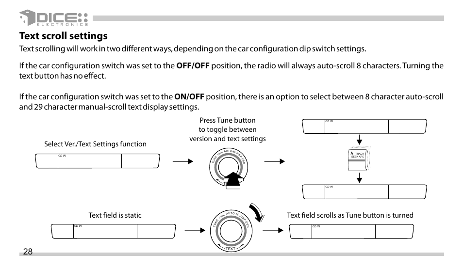 Text scroll settings, Fw 1.xx, Short sc | Long so, Ng name, Long st | DICE Electronics DICE interface for iPod Mazda User Manual | Page 28 / 36