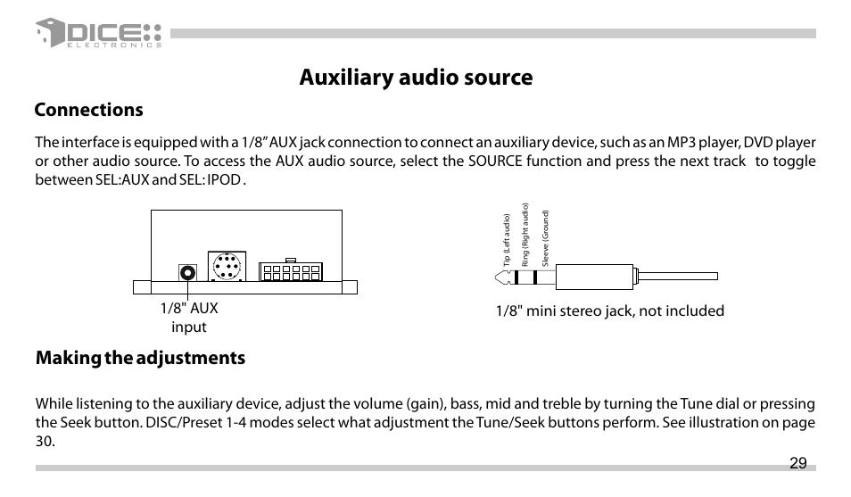 Auxiliary audio source, Connections, Making the adjustments | DICE Electronics DICE interface for iPod Mazda User Manual | Page 29 / 36