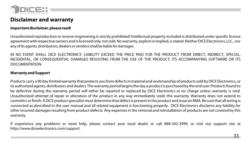 Disclaimer and warranty | DICE Electronics DICE interface for iPod Mazda User Manual | Page 33 / 36