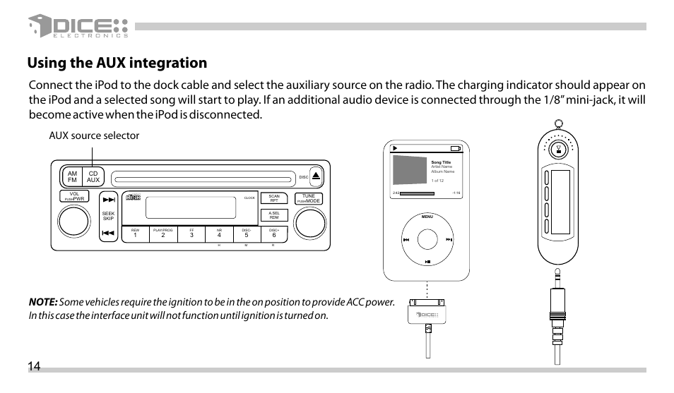 Mp3 01, Using the aux integration, Compact digital audio | Aux in | DICE Electronics DICE Auxiliary interface for iPod User Manual | Page 14 / 20