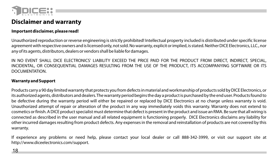 Disclaimer and warranty | DICE Electronics DICE Auxiliary interface for iPod User Manual | Page 18 / 20