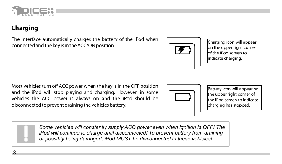 Charging | DICE Electronics DICE Auxiliary interface for iPod User Manual | Page 8 / 20