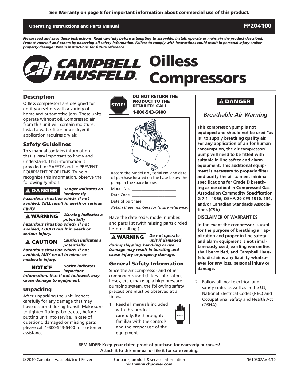 Campbell Hausfeld FP204100 User Manual | 24 pages