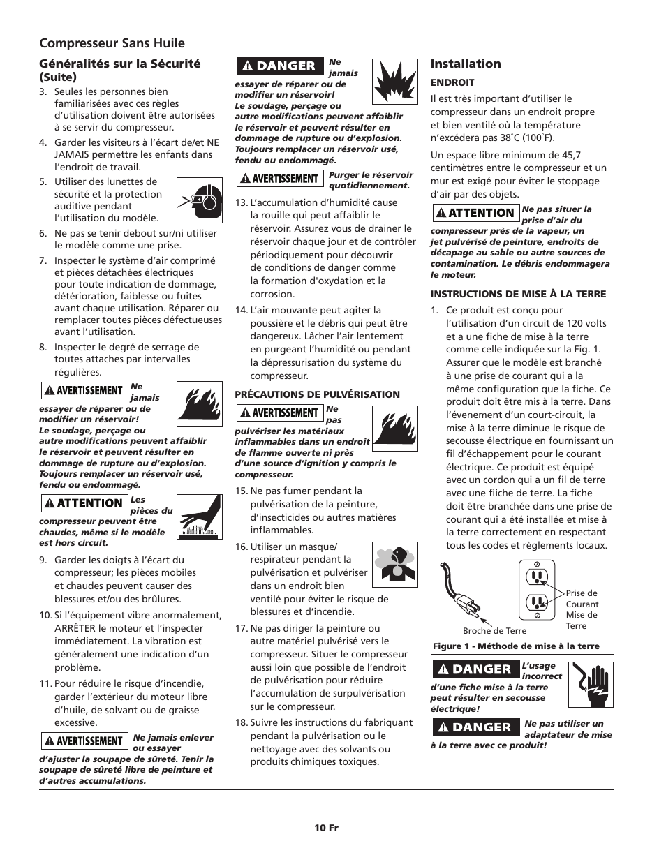 Compresseur sans huile, Installation, Généralités sur la sécurité | Campbell Hausfeld FP204100 User Manual | Page 10 / 24