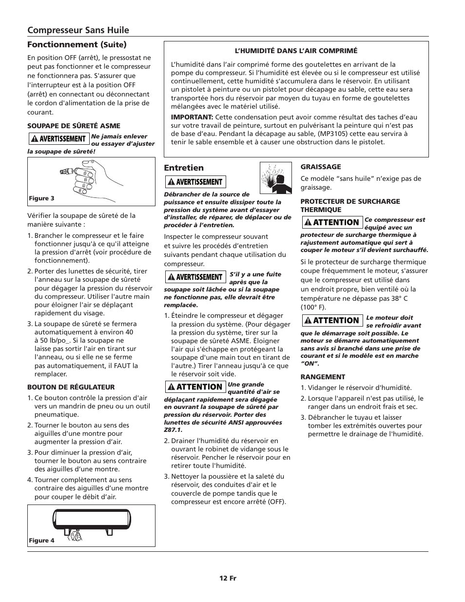 Compresseur sans huile, Fonctionnement, Entretien | Campbell Hausfeld FP204100 User Manual | Page 12 / 24