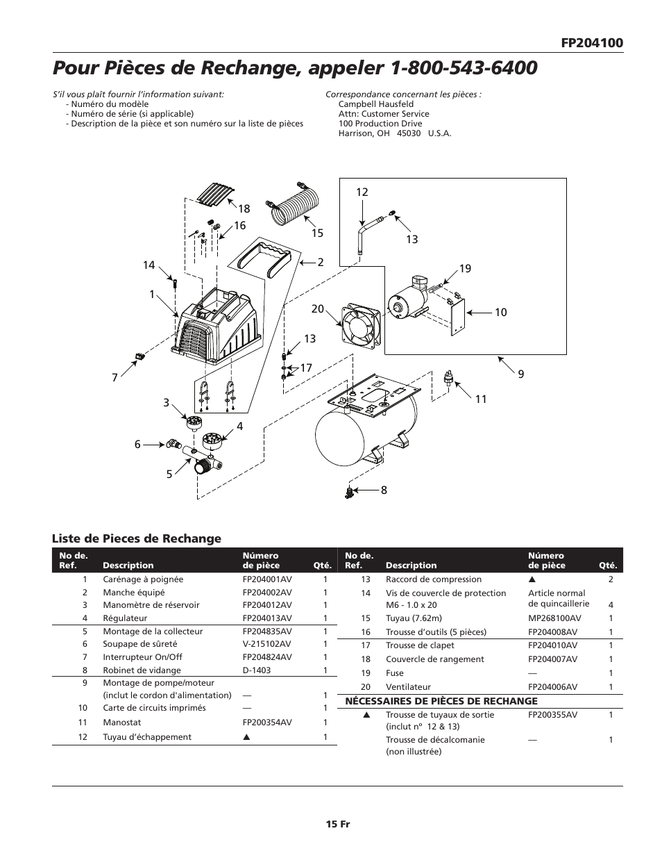 Liste de pieces de rechange | Campbell Hausfeld FP204100 User Manual | Page 15 / 24