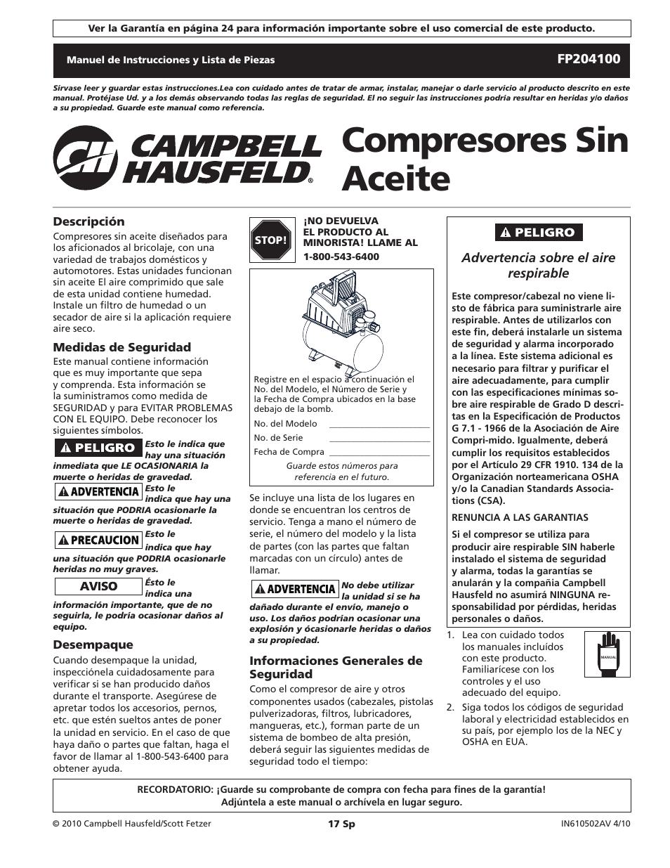 Compresores sin aceite, Advertencia sobre el aire respirable | Campbell Hausfeld FP204100 User Manual | Page 17 / 24