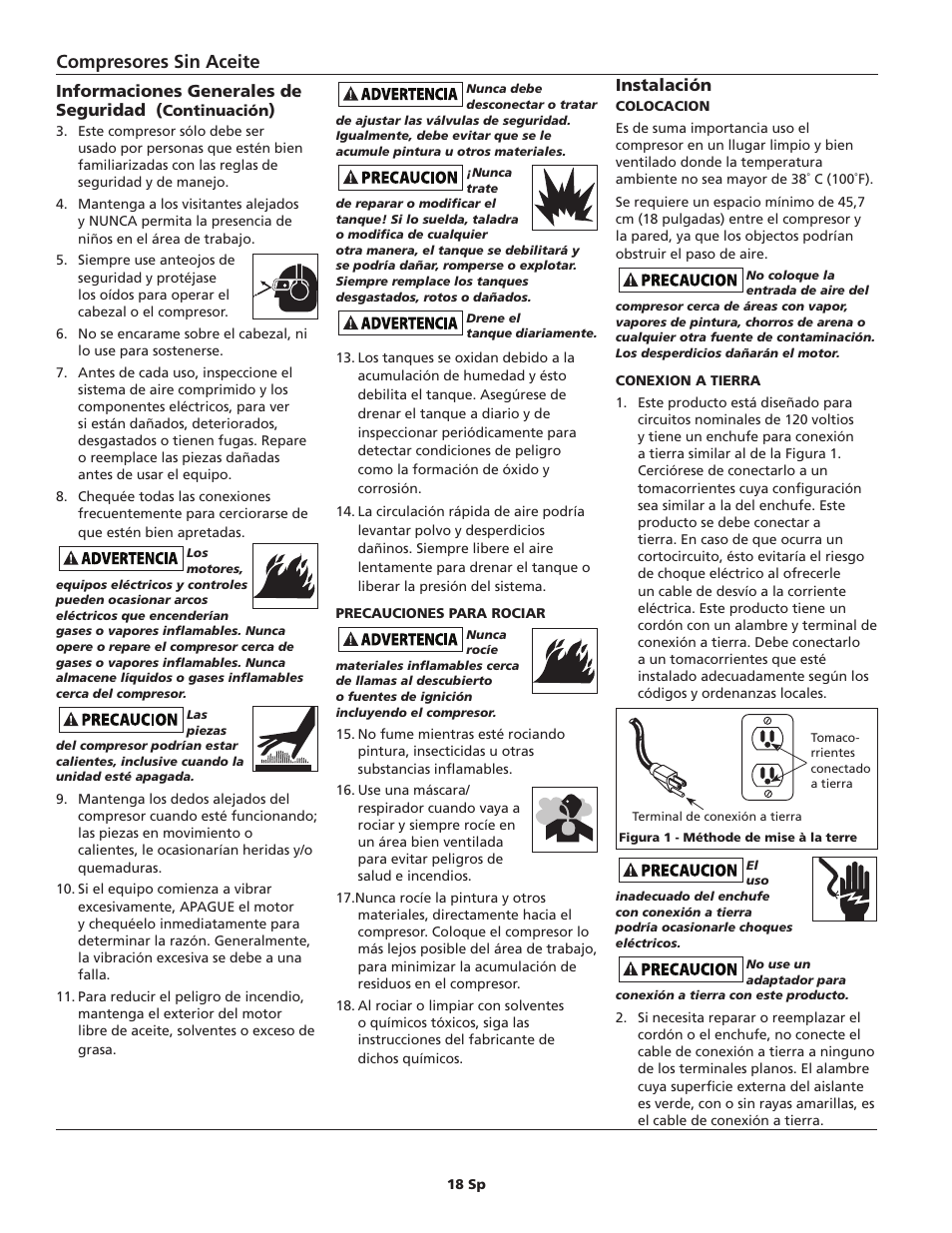 Compresores sin aceite, Instalación, Informaciones generales de seguridad | Campbell Hausfeld FP204100 User Manual | Page 18 / 24