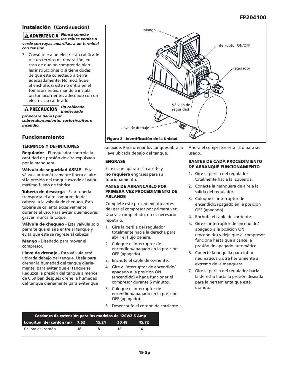 Instalación, Funcionamiento | Campbell Hausfeld FP204100 User Manual | Page 19 / 24