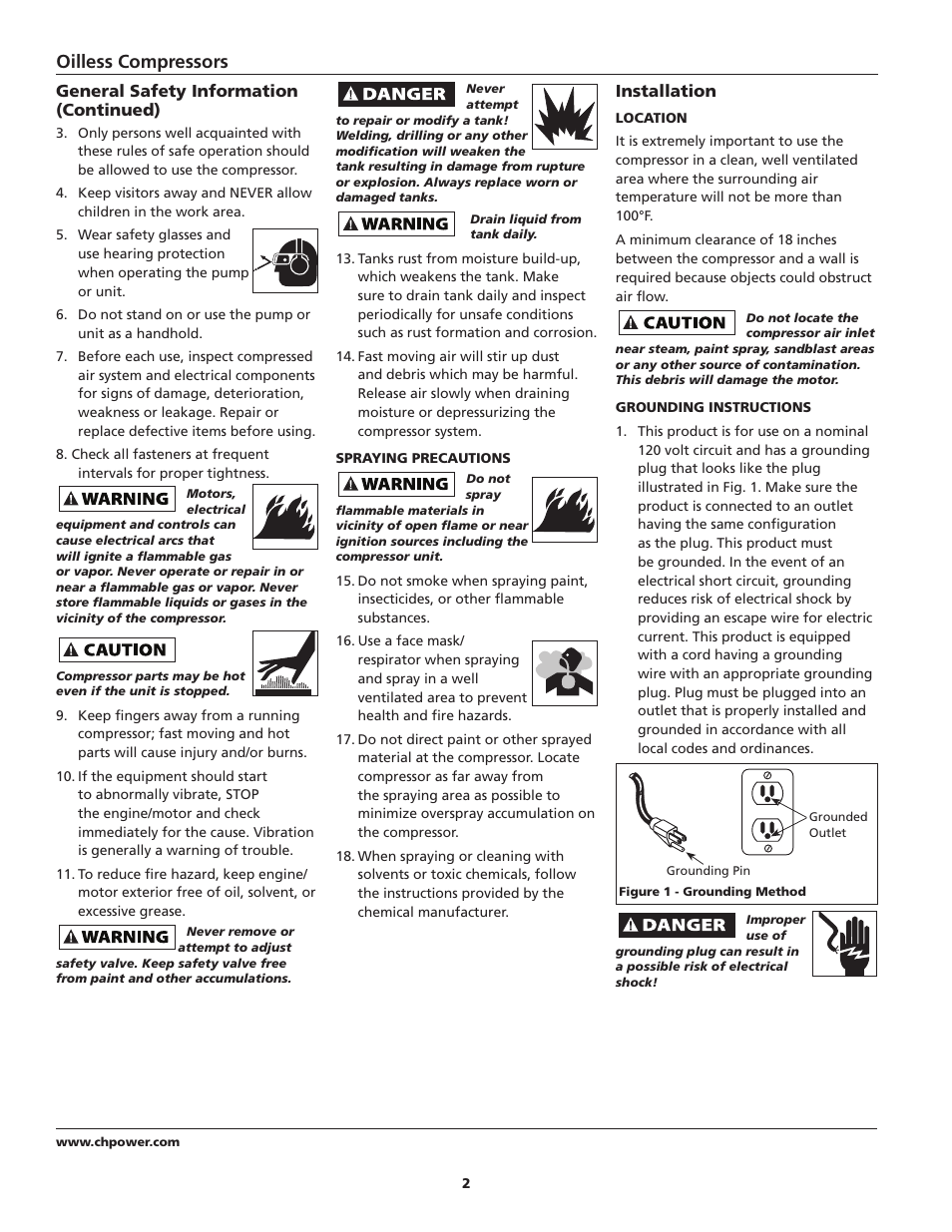 Oilless compressors, Installation, General safety information (continued) | Campbell Hausfeld FP204100 User Manual | Page 2 / 24