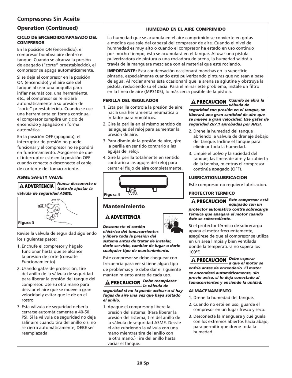 Compresores sin aceite, Operation (continued), Mantenimiento | Campbell Hausfeld FP204100 User Manual | Page 20 / 24