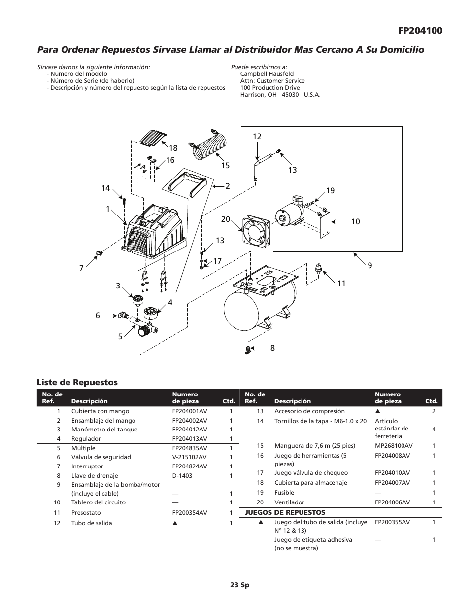 Liste de repuestos | Campbell Hausfeld FP204100 User Manual | Page 23 / 24