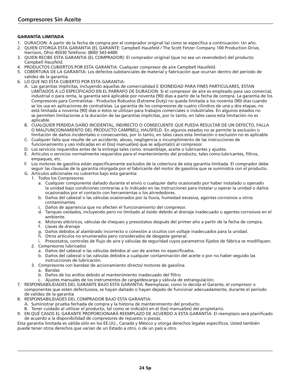 Compresores sin aceite | Campbell Hausfeld FP204100 User Manual | Page 24 / 24