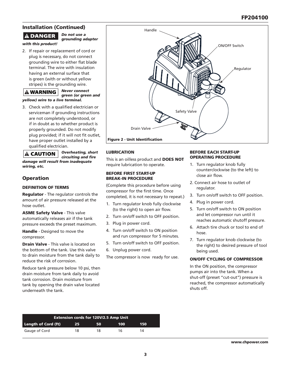 Installation (continued), Operation | Campbell Hausfeld FP204100 User Manual | Page 3 / 24