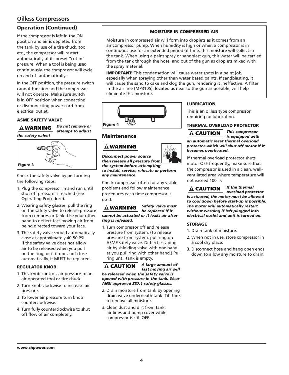 Oilless compressors, Operation (continued), Maintenance | Campbell Hausfeld FP204100 User Manual | Page 4 / 24