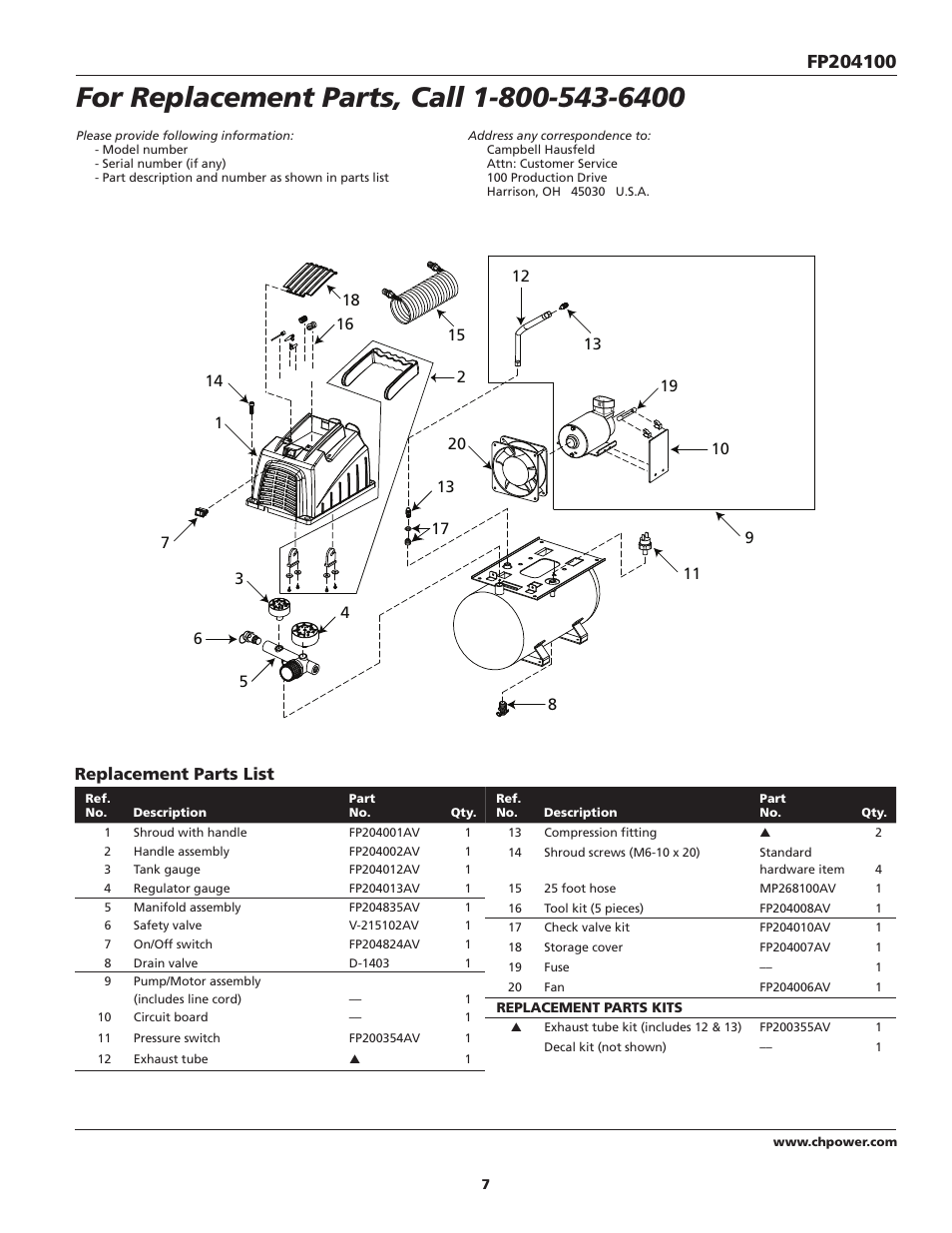 Replacement parts list | Campbell Hausfeld FP204100 User Manual | Page 7 / 24