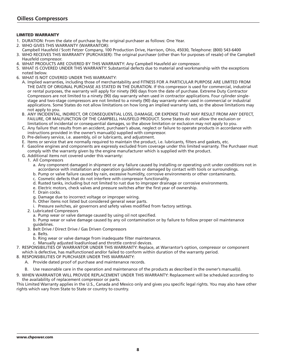 Oilless compressors | Campbell Hausfeld FP204100 User Manual | Page 8 / 24