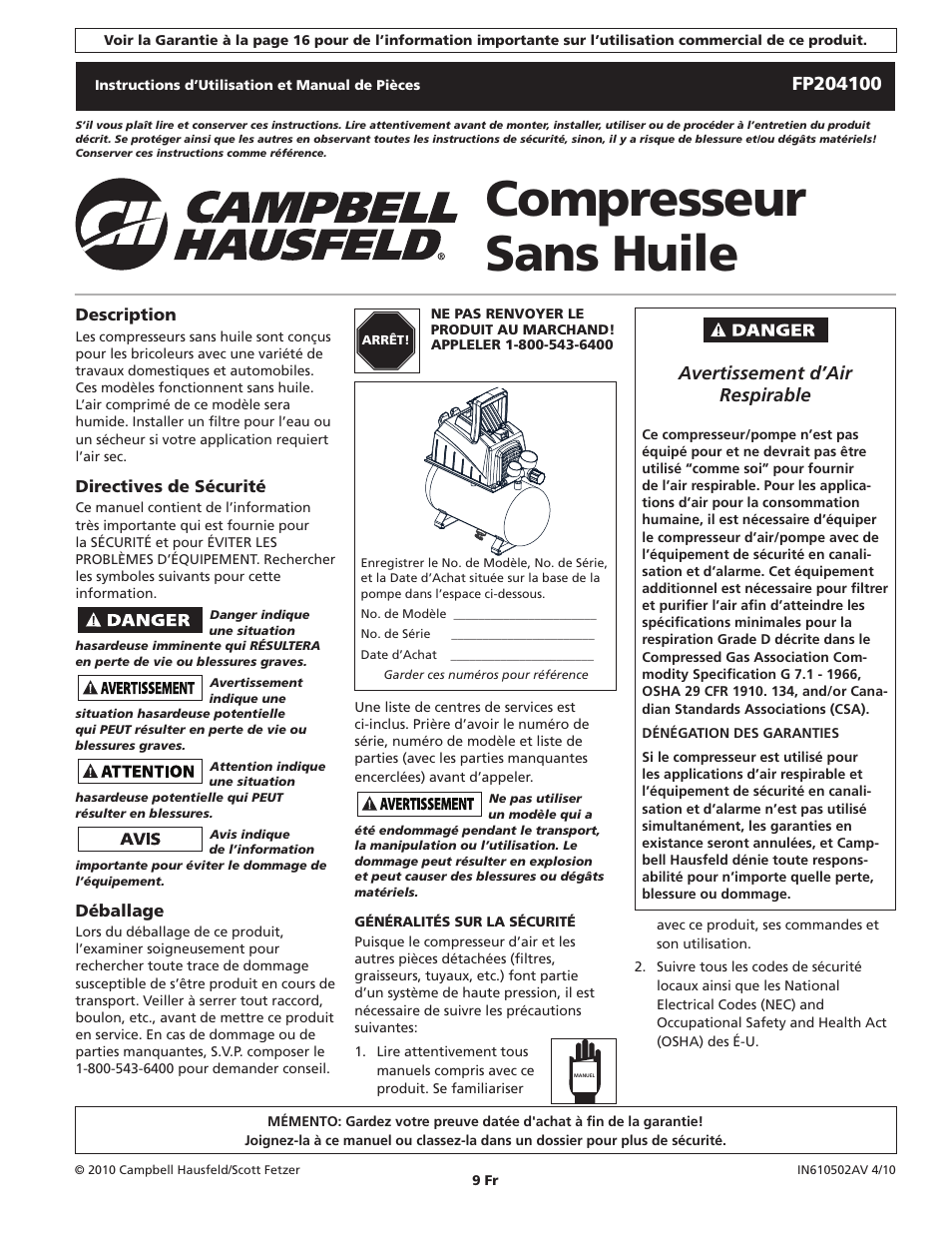 Compresseur sans huile | Campbell Hausfeld FP204100 User Manual | Page 9 / 24