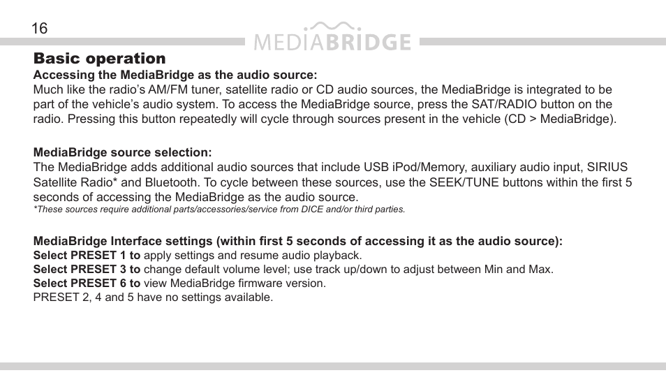 16 basic operation | DICE Electronics MediaBridge MB-1500 Nissan User Manual | Page 16 / 40