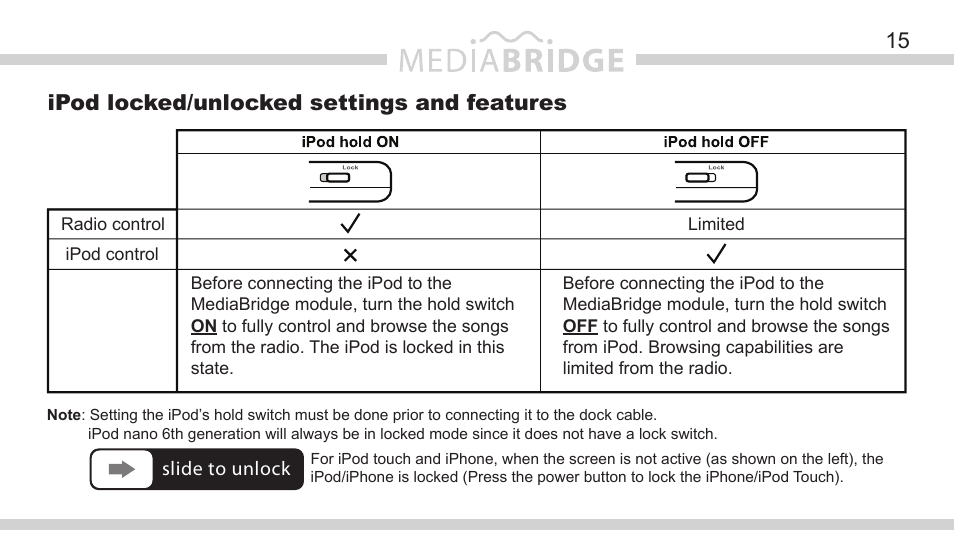 15 ipod locked/unlocked settings and features | DICE Electronics MediaBridge MB-1500 Toyota User Manual | Page 15 / 40