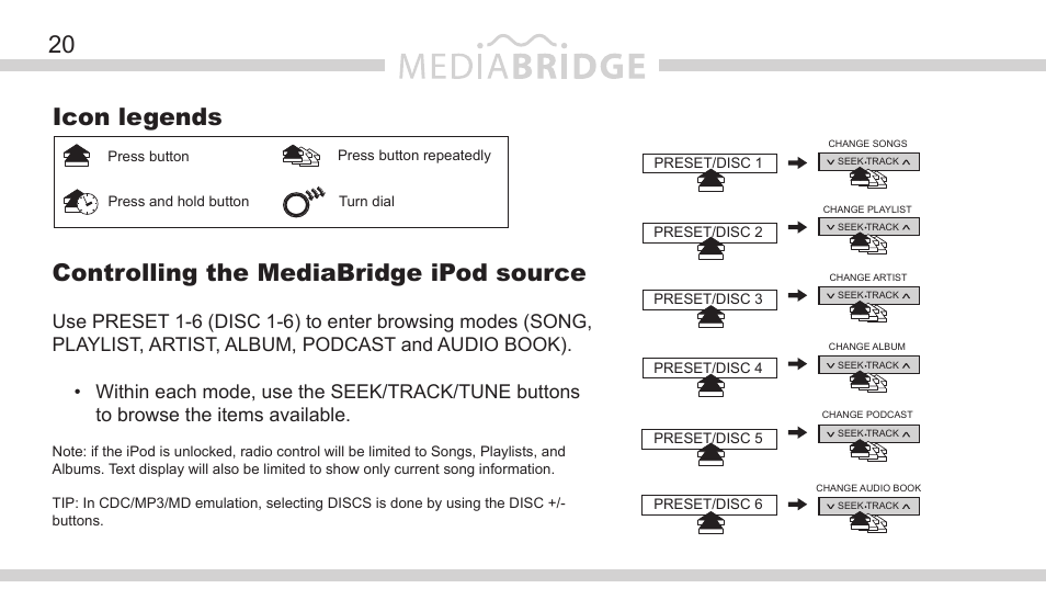 20 controlling the mediabridge ipod source, Icon legends | DICE Electronics MediaBridge MB-1500 Toyota User Manual | Page 20 / 40