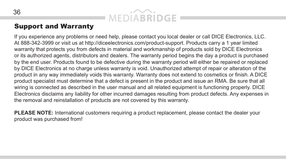 Support and warranty | DICE Electronics MediaBridge MB-1500 Toyota User Manual | Page 36 / 40