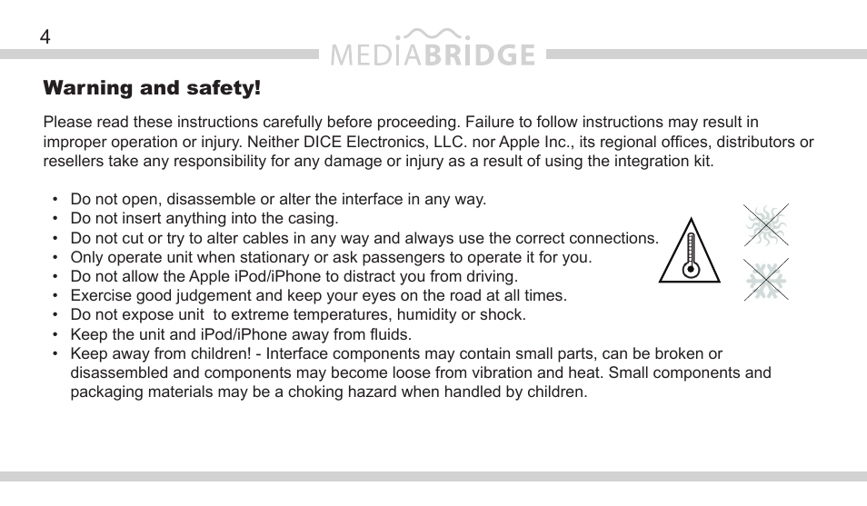 Warning and safety | DICE Electronics MediaBridge MB-1500 Toyota User Manual | Page 4 / 40