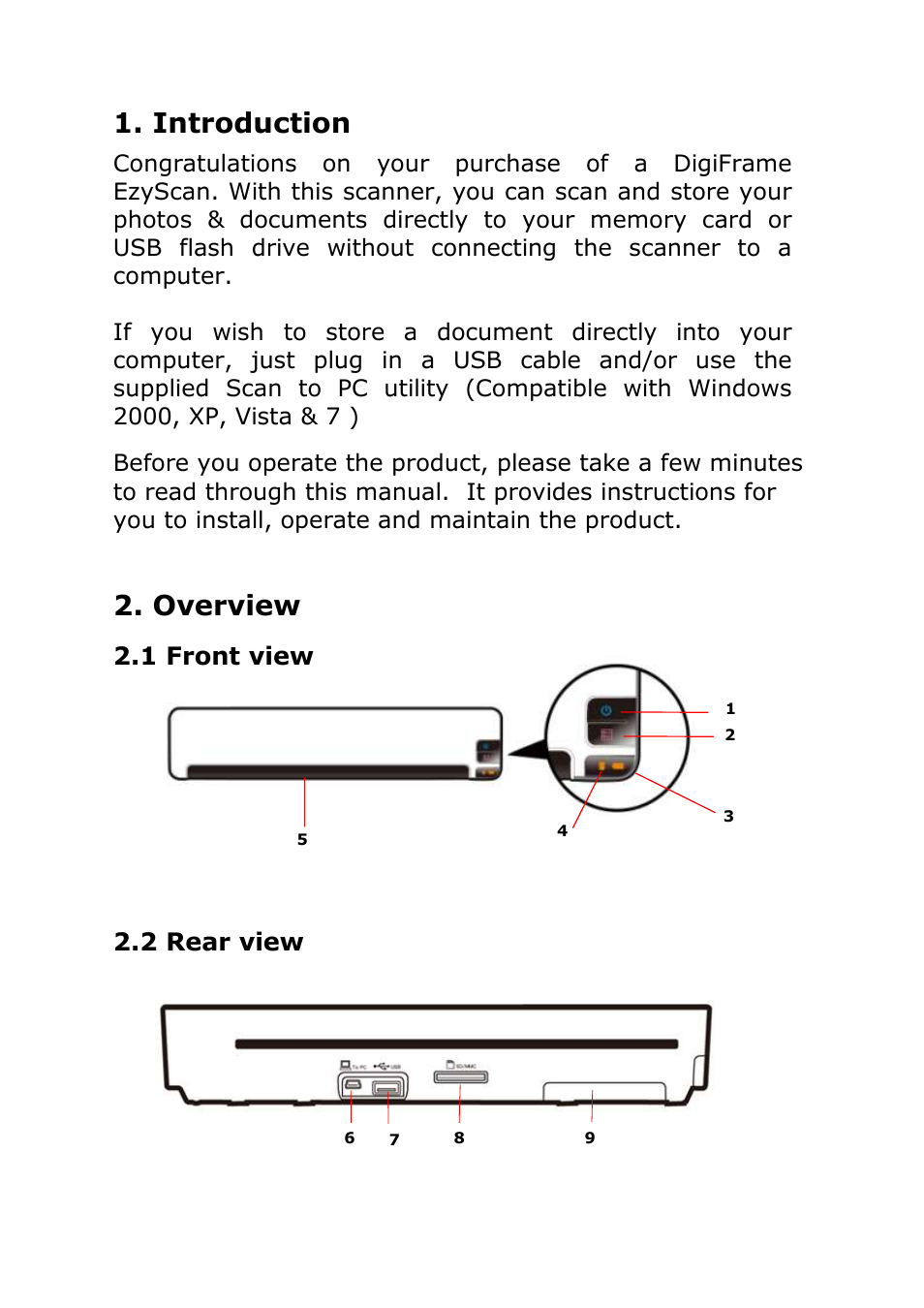 Introduction, Overview, 1 front view | 2 rear view | Digiframe DF-SCA401w User Manual | Page 4 / 26