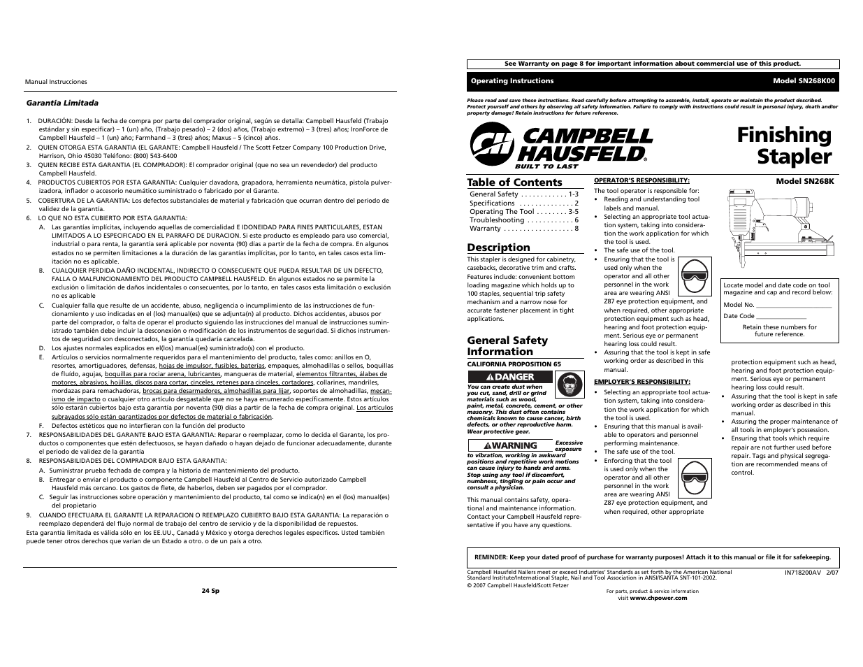 Campbell Hausfeld SN268K00 User Manual | 12 pages