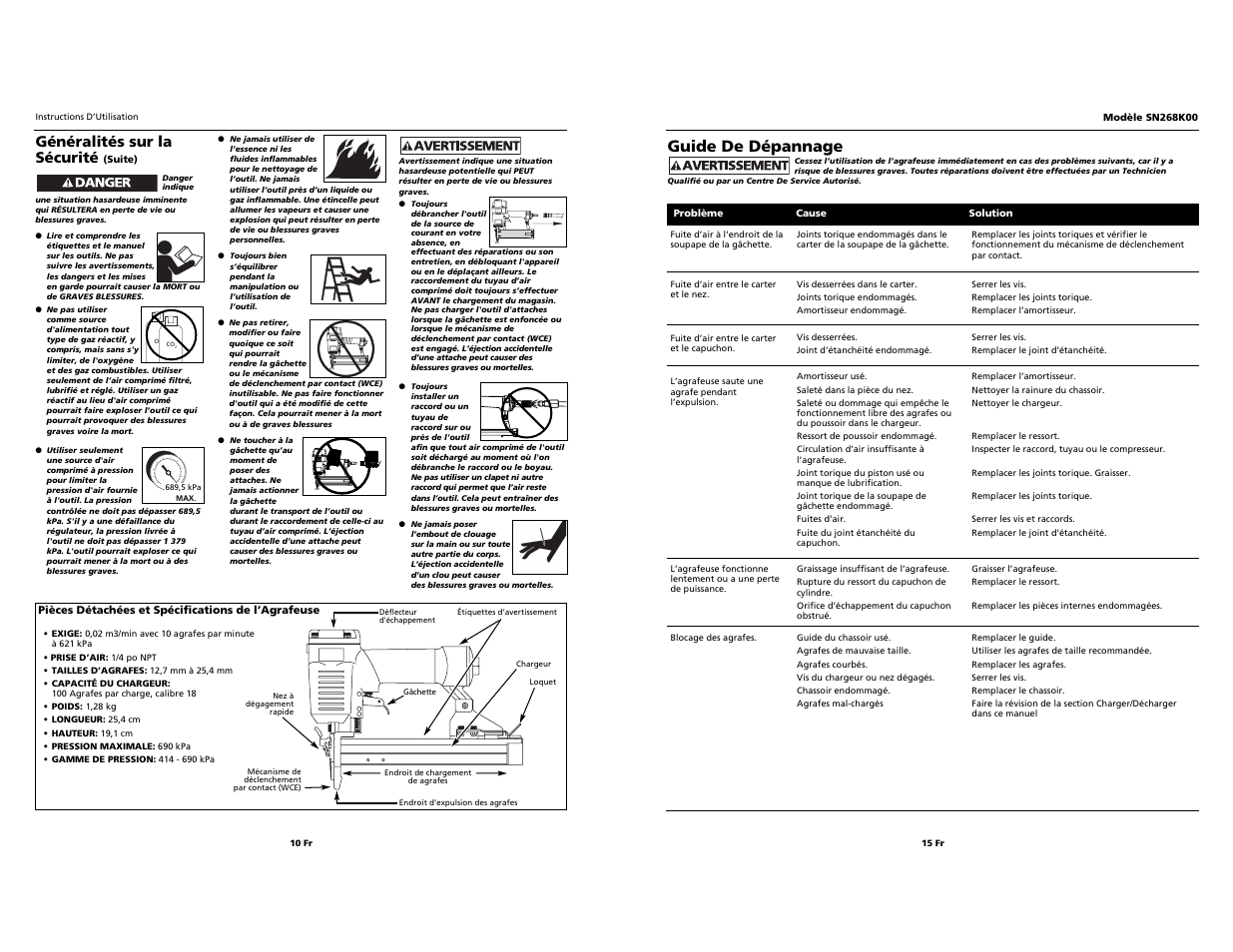 Campbell professional professional hausfeld, Guide de dépannage, Généralités sur la sécurité | Campbell Hausfeld SN268K00 User Manual | Page 10 / 12