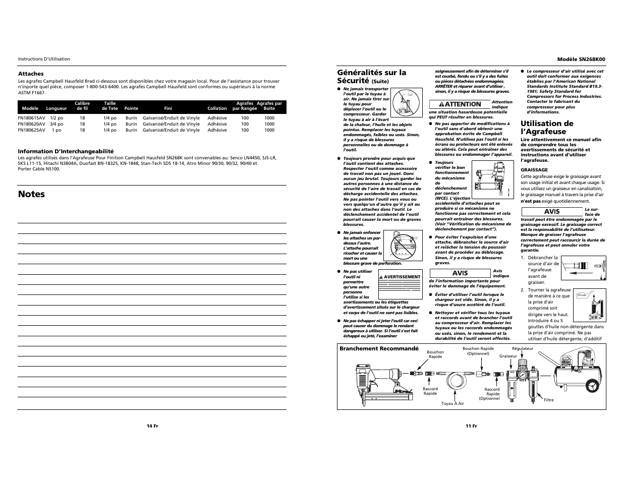 O i l, Généralités sur la sécurité, Utilisation de l’agrafeuse | Campbell Hausfeld SN268K00 User Manual | Page 11 / 12