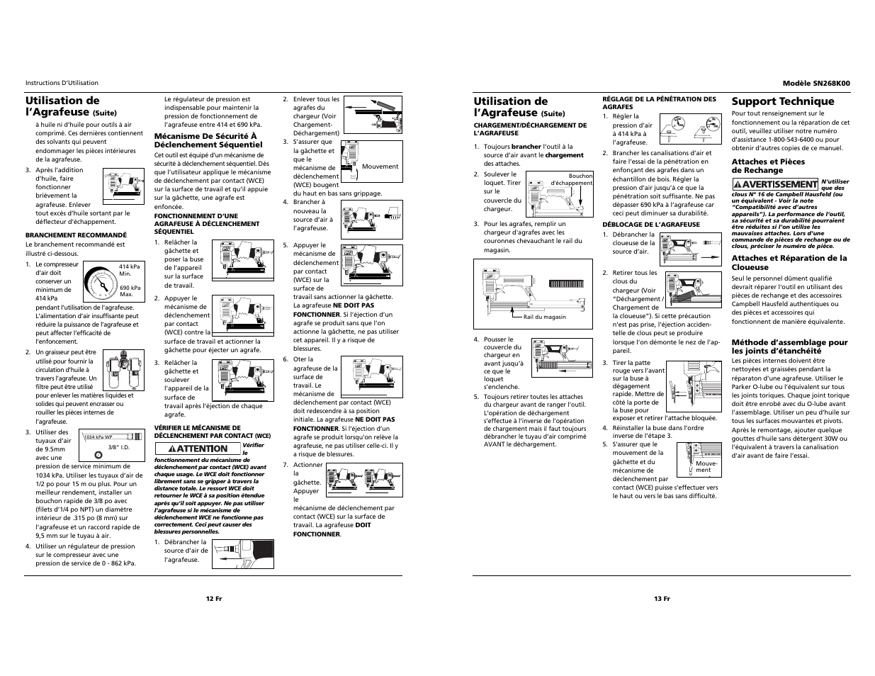 Utilisation de l’agrafeuse, Support technique | Campbell Hausfeld SN268K00 User Manual | Page 12 / 12