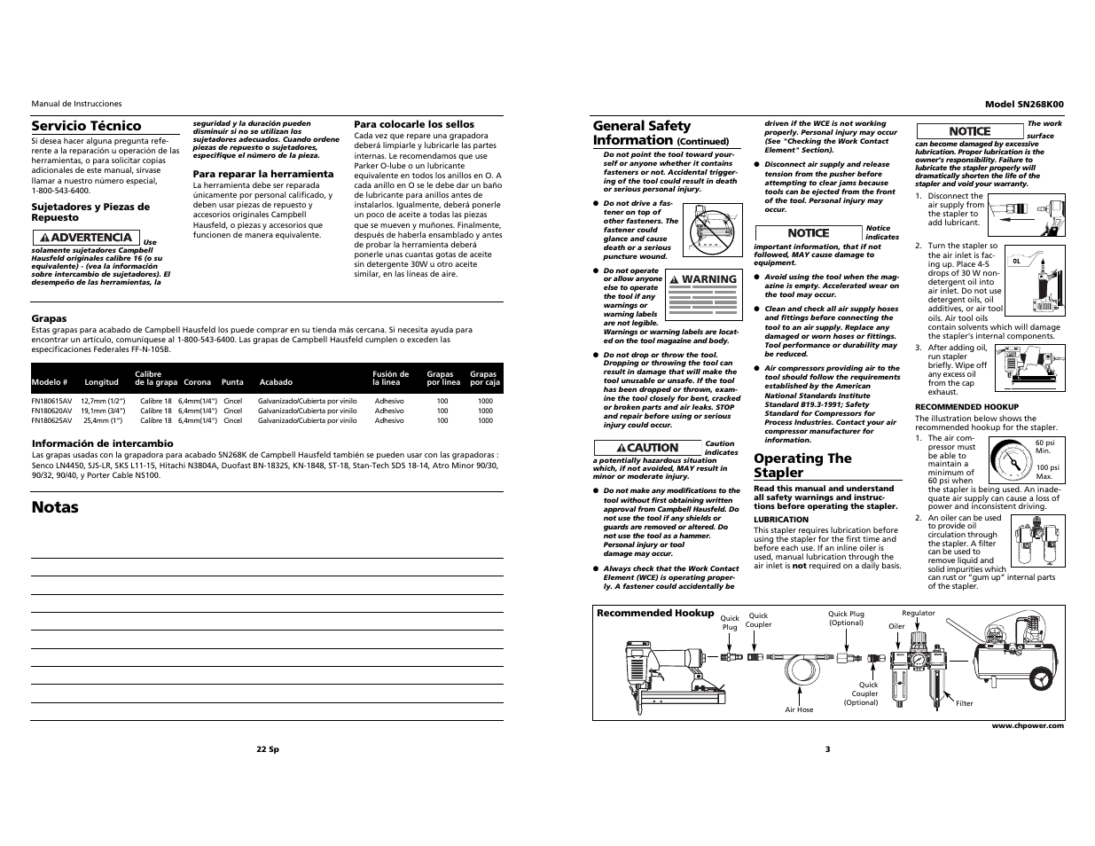 Notas, O i l, Servicio técnico | General safety information, Operating the stapler | Campbell Hausfeld SN268K00 User Manual | Page 3 / 12