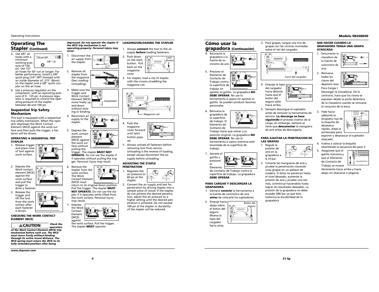 Cómo usar la grapadora, Operating the stapler | Campbell Hausfeld SN268K00 User Manual | Page 4 / 12