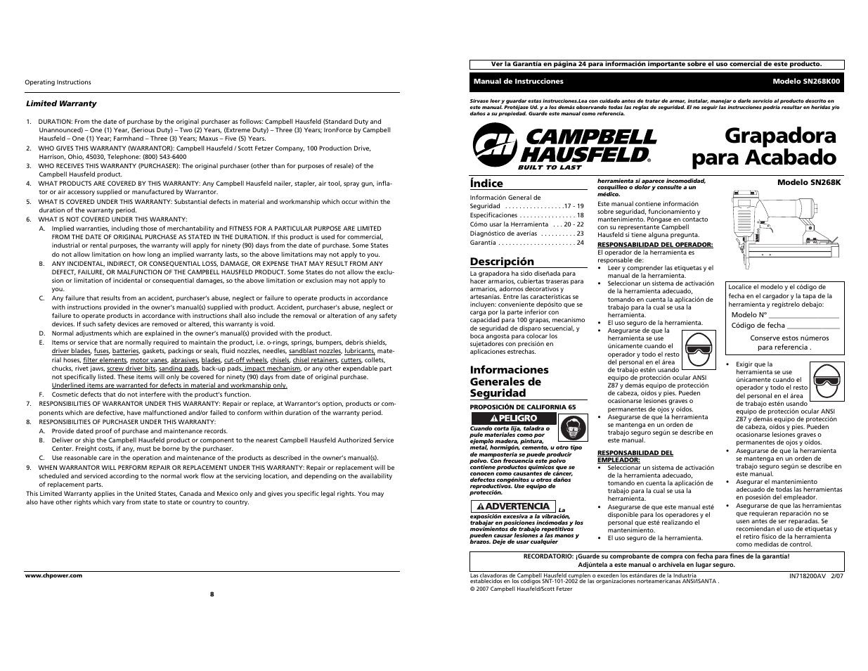 Grapadora para acabado, Índice, Descripción | Informaciones generales de seguridad | Campbell Hausfeld SN268K00 User Manual | Page 8 / 12