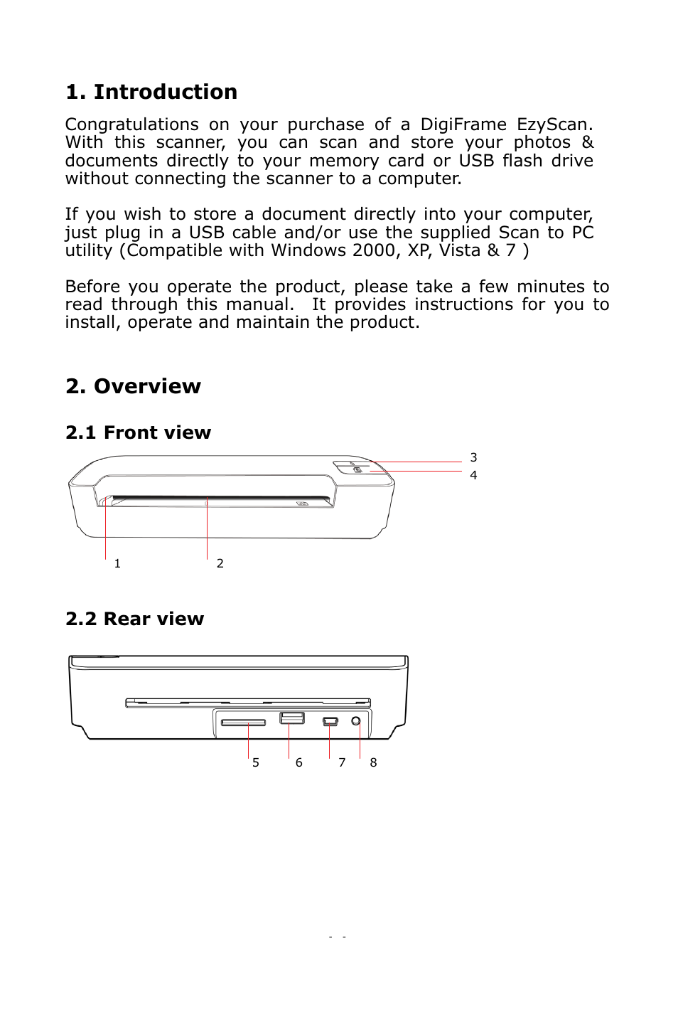 Introduction, Overview, 1 front view 2.2 rear view | Digiframe DF-SC5701 User Manual | Page 5 / 24