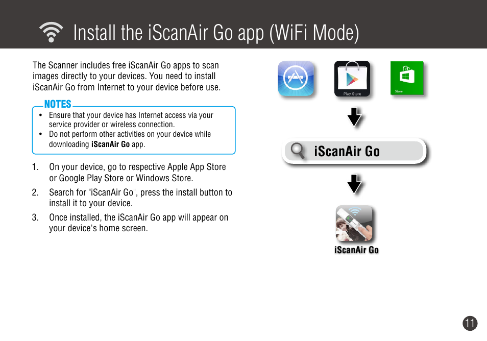 Install the iscanair go app (wi-fi mode), Install the iscanair go app (wifi mode), Iscanair go | Digiframe DF-SCWF08w User Manual | Page 11 / 20